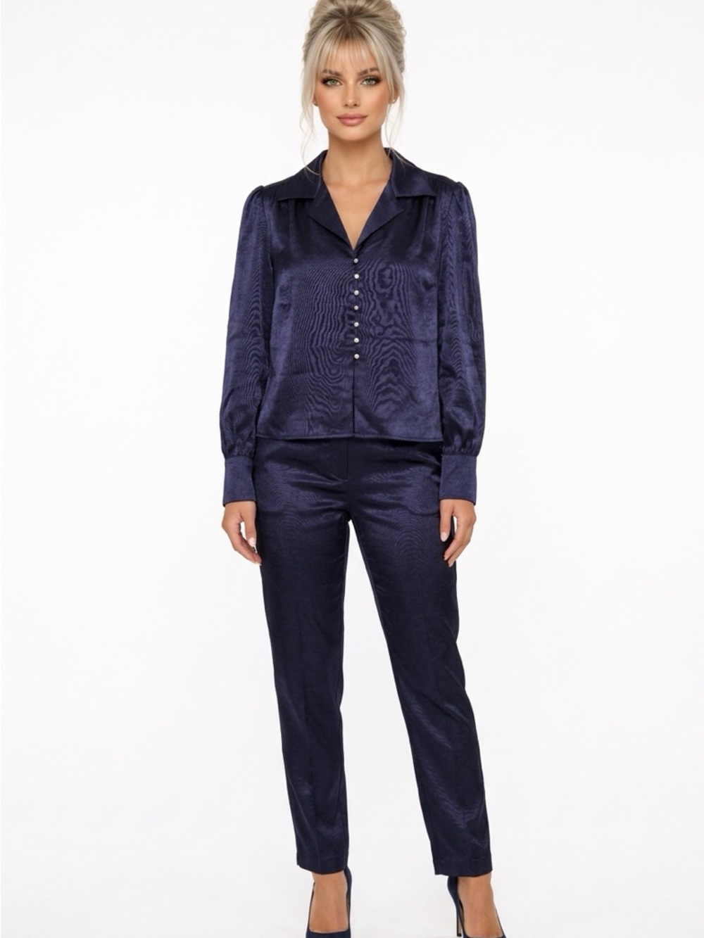 Karen Kane Navy Satin Button-Front Blouse XL $168 MSRP